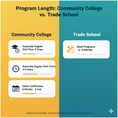 An infographic comparing program length for Community Colleges and Trade Schools
