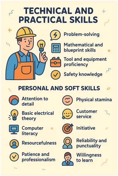 Infographic showing technical, practical, and soft skills required for electricians, with colorful doodle-style icons and an electrician illustration.