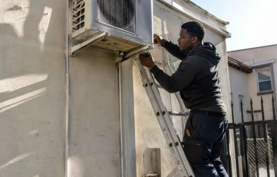 HVAC technician servicing an air conditioning unit during hands-on training in Philadelphia.