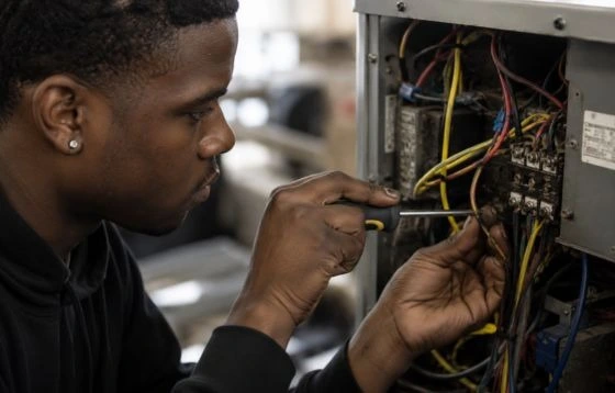HVAC student in a training lab working with gauges, wires 