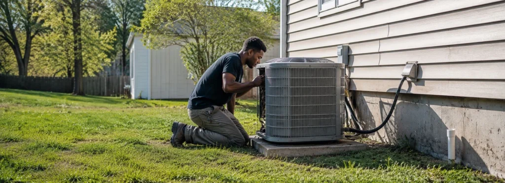 Technician inspecting the HVAC unit