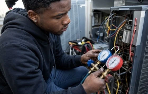 HVAC service technician checking refrigerant gauges on a cooling system