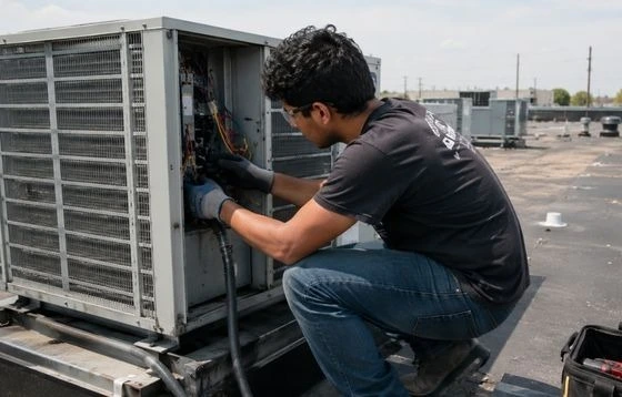 HVAC technician at rooftop in Philadelphia 