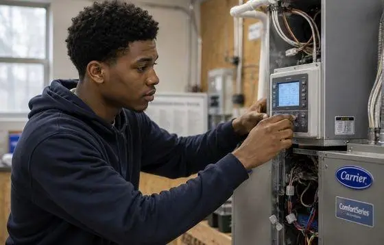 Student getting practical hands-on HVAC unit