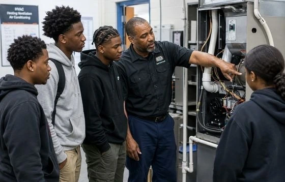 Trade school student understanding equipment configuration under the expert's guidance.