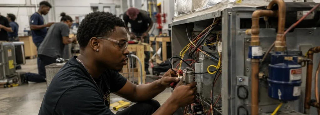 Students practicing hands-on HVAC training at a Philadelphia trade school lab 