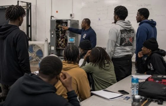 HVAC instructor teaching electrical controls to a student in a Philadelphia trade program 