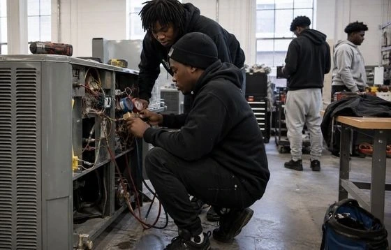 HVAC technician fixing the HVAC issues