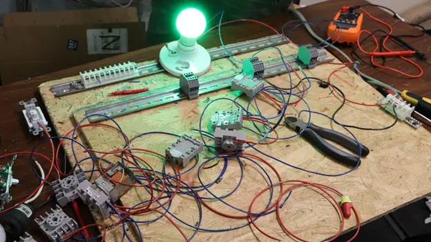 A desk coiled up with wire and tools