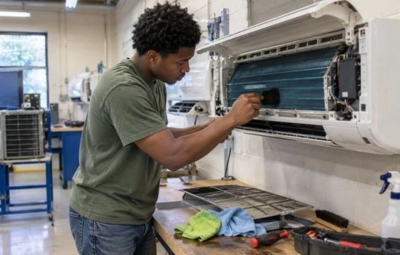 A student cleaning the HVAC system 